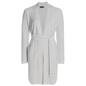 NWT SAKS Classic Long Belted Sweater Luxurious Soft Cashmere/Wool Grey Medium